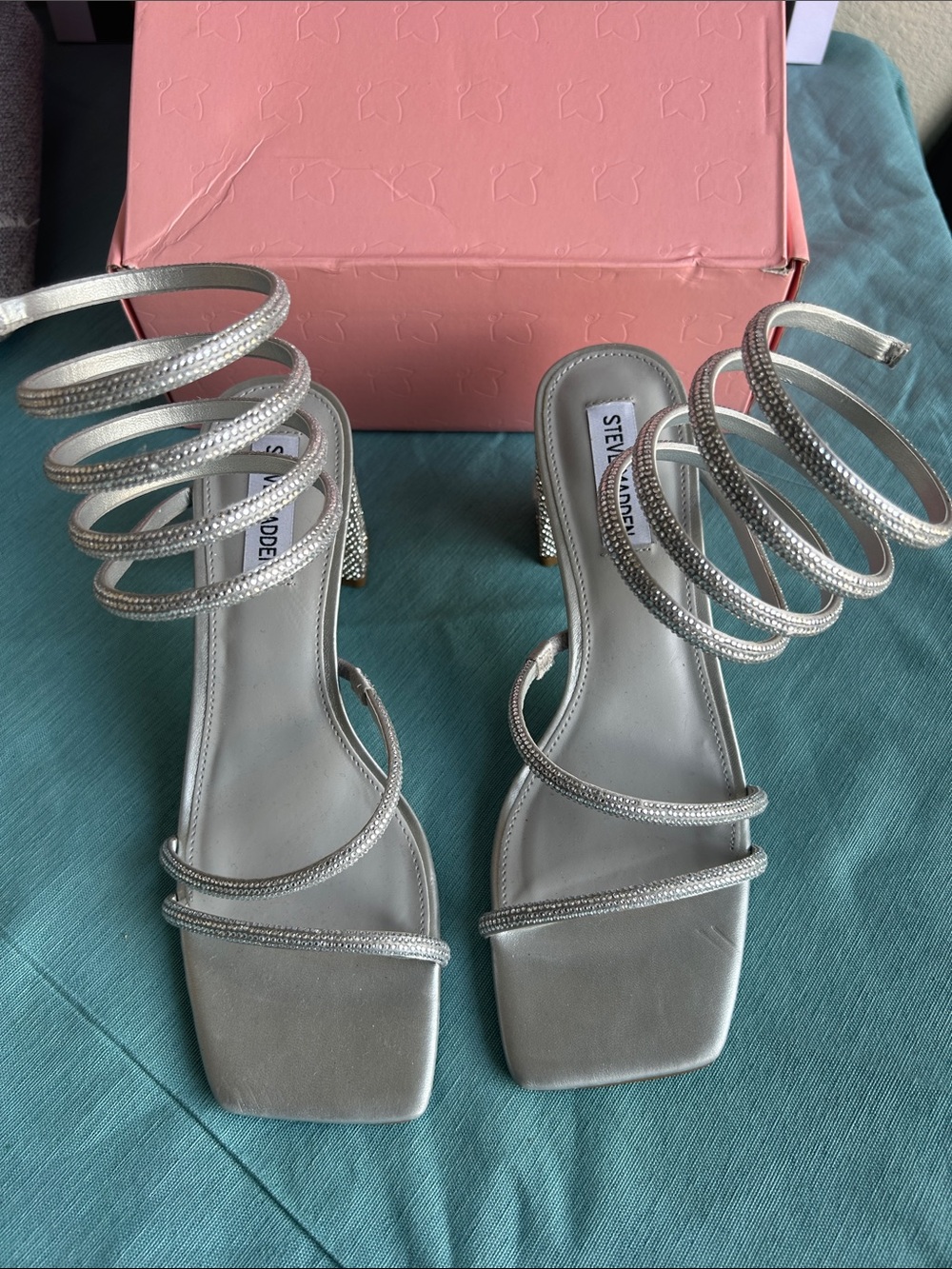 STEVEN by Steve Madden Silver Spiral-Strap Heeled Sandals